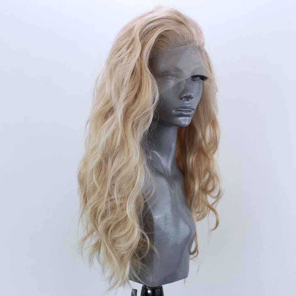 13x2.5 Linen Color Synthetic Fiber Front Lace Wig Head Cover Natural Hairline Ladies Wig