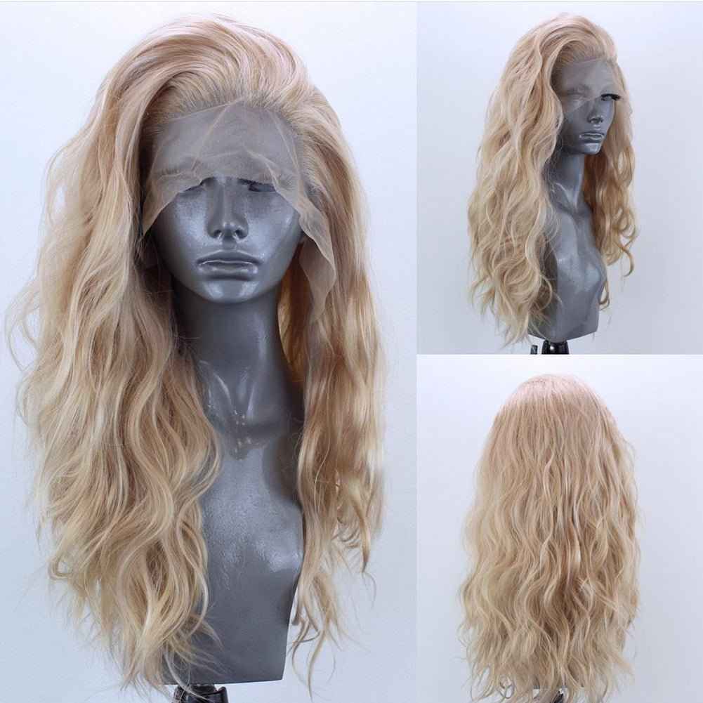 13x2.5 Linen Color Synthetic Fiber Front Lace Wig Head Cover Natural Hairline Ladies Wig