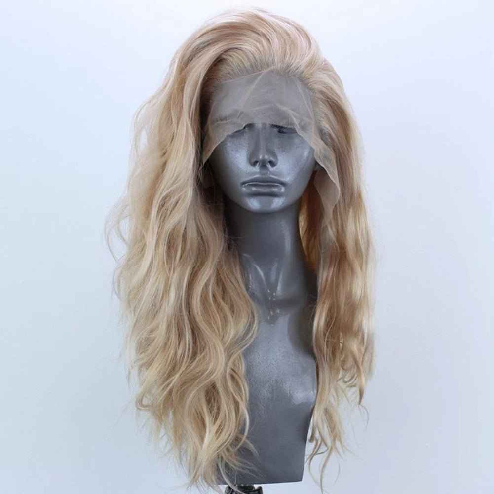 13x2.5 Linen Color Synthetic Fiber Front Lace Wig Head Cover Natural Hairline Ladies Wig