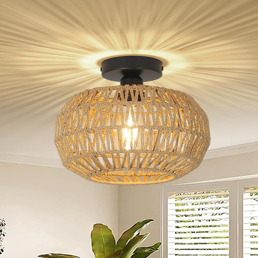 Rattan Light Fixtures Ceiling Mount,Boho Ceiling Light Fixture with Dimmable LED Bulb Mini Hand Woven Rattan eprolo