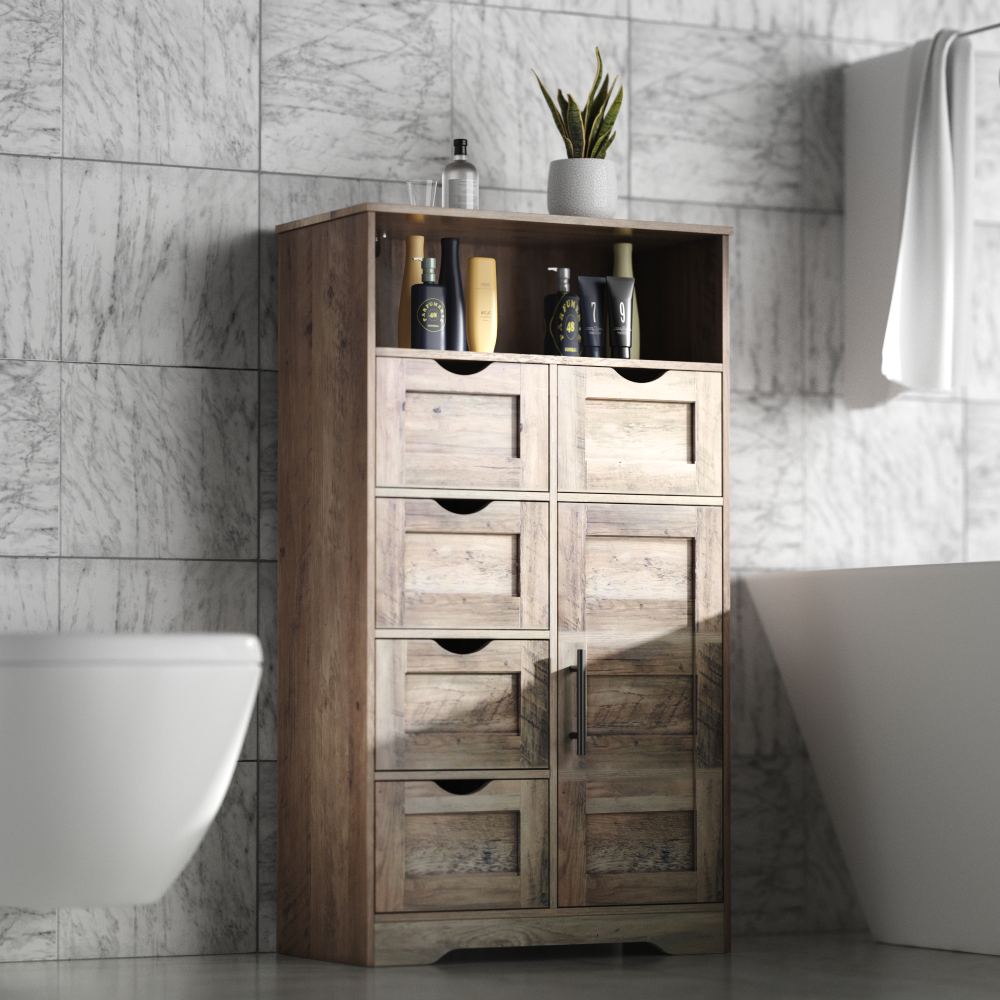 5 Drawers Storage Cabinet with Adjustable Shelves, Bathroom Cabinet with Doors, Floor Cabinet for Living Room Grey eprolo
