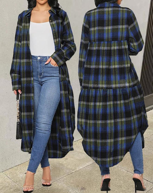 Shacket Longline Plaid Print Curved Hem Buttoned Casual Shirt Jacket for Women Long sleeves Turn-down Collar Coat Girls eprolo