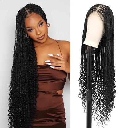 36 Inch Knotless Braided Wig - Bohemian Curly Lace Front Synthetic - Shello's Creative Boutique
