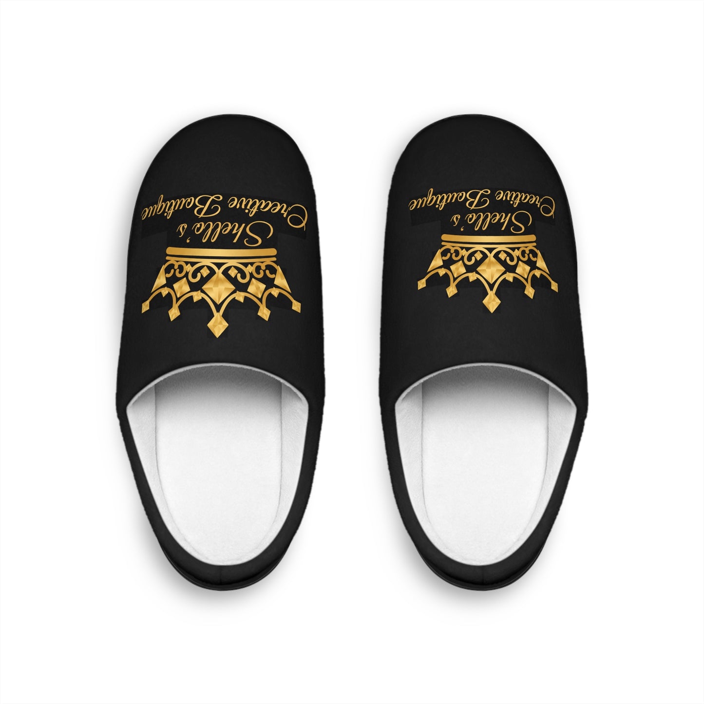 Queen's Slippers — Women's Black Indoor Slippers with Gold Crown Design