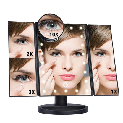 LED Touch Screen 22 Light Makeup Mirror Table Desktop Makeup Vanity 3 Folding Adjustable Mirror - Shello's Creative Boutique