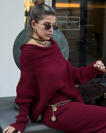 Winter Knitted Two Piece Set for Women Elegant Off Shoulder Sweater Pullover Top Slim Skirt Suit Fashion Office Ladies Outfits eprolo