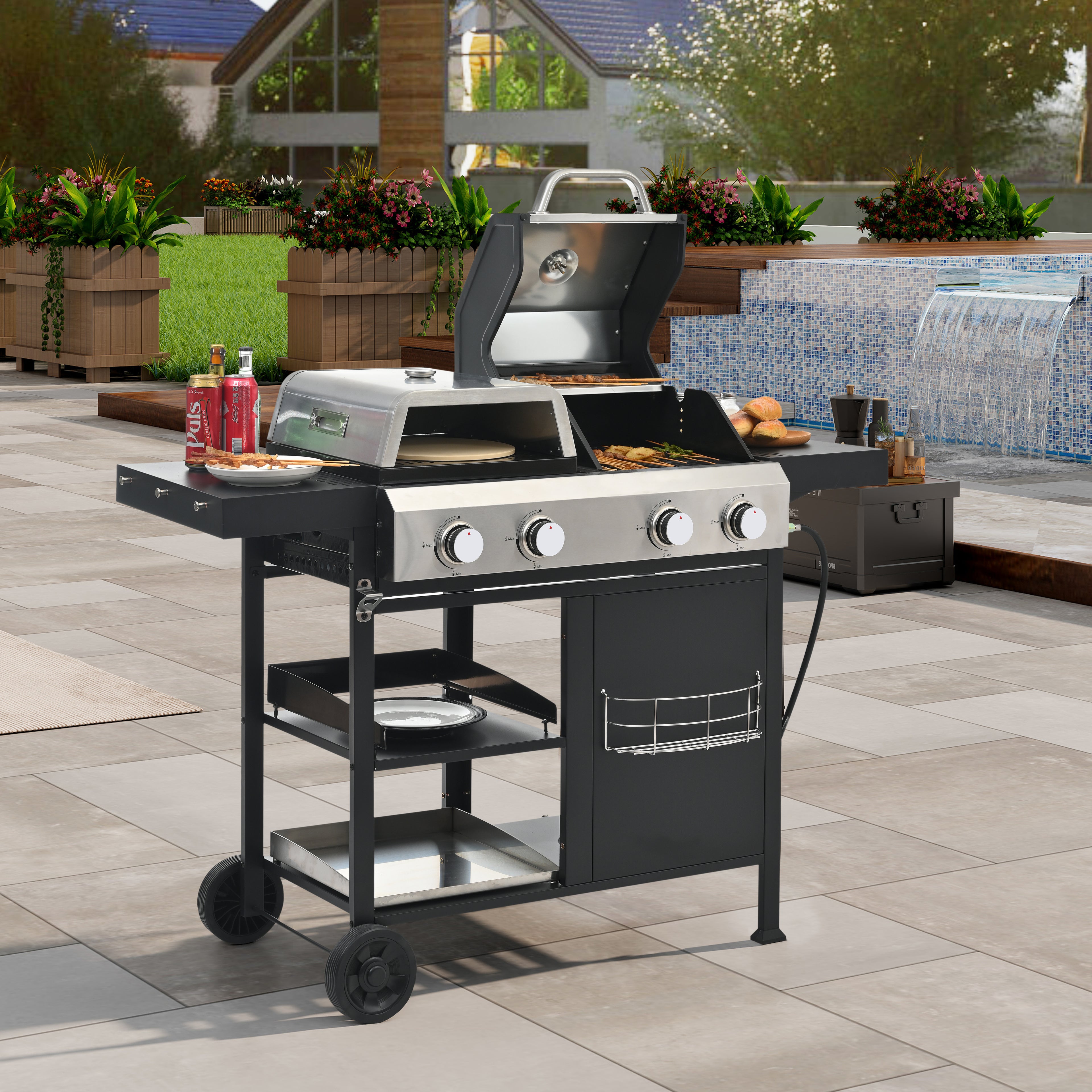 2+2 multifunctional gas barbecue grill and covered grill combination for outdoor cooking - barbecue, barbecue, pizza. eprolo