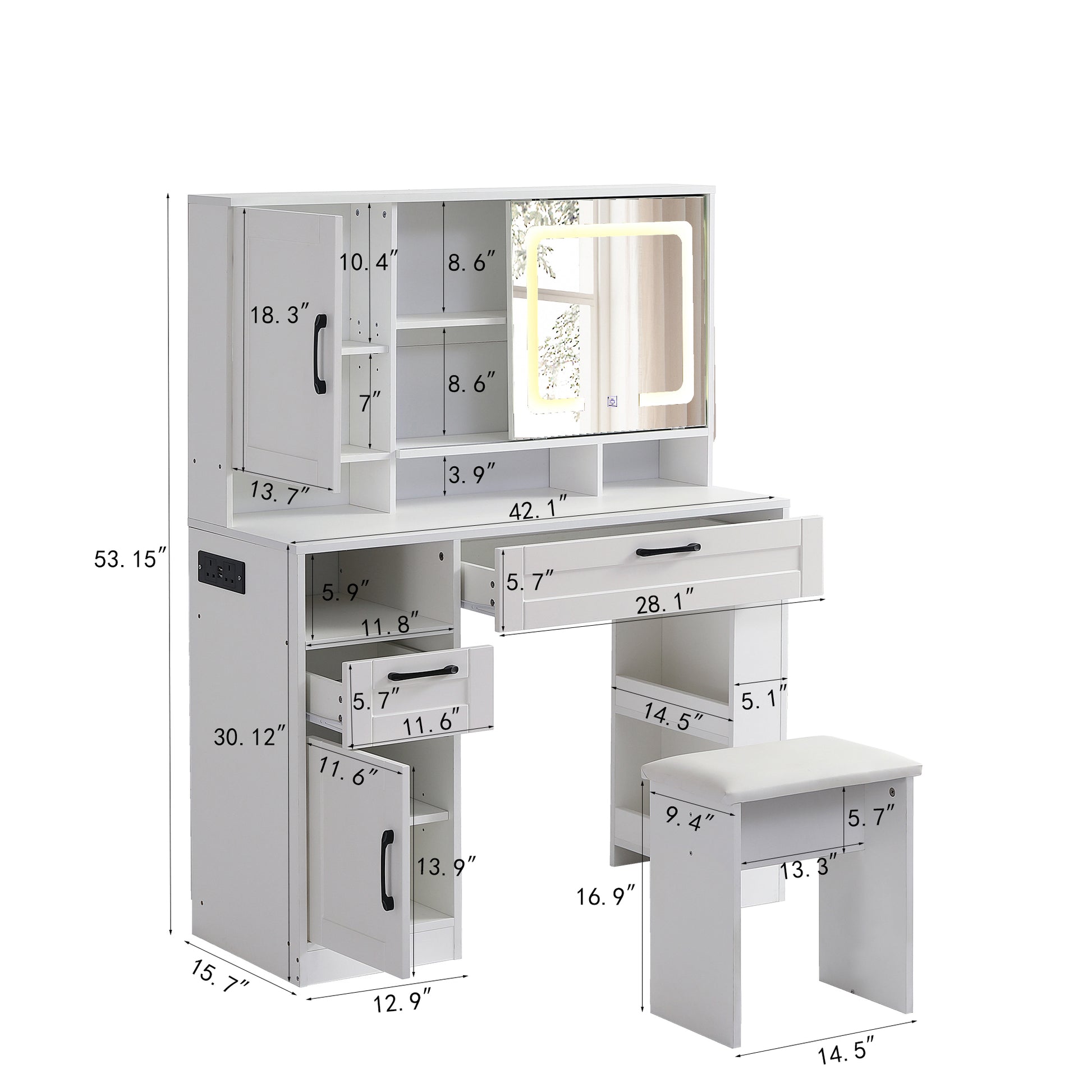 Vanity table with large sliding lighted mirror dressing table with 2 drawers storage shelves and upholstered stool white color eprolo