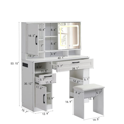 Vanity table with large sliding lighted mirror dressing table with 2 drawers storage shelves and upholstered stool - Shello's Creative Boutique