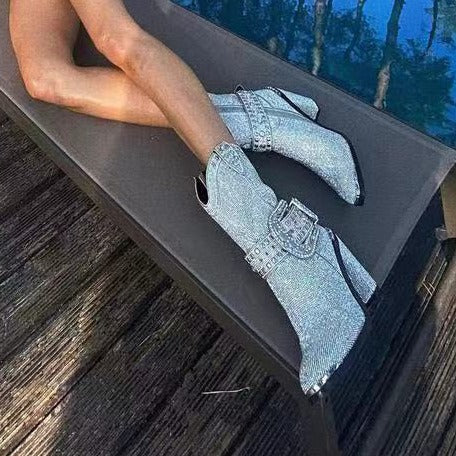 Western denim hot drill mid tube round head belt buckle thick heel fashion boots Shello Creative Boutique