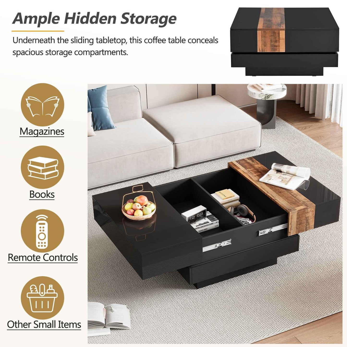 Modern High Gloss Coffee Table - 80cm Square with Sliding Top & Hidden Storage (Black) - Shello's Creative Boutique