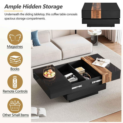 Modern High Gloss Coffee Table - 80cm Square with Sliding Top & Hidden Storage (Black) - Shello's Creative Boutique