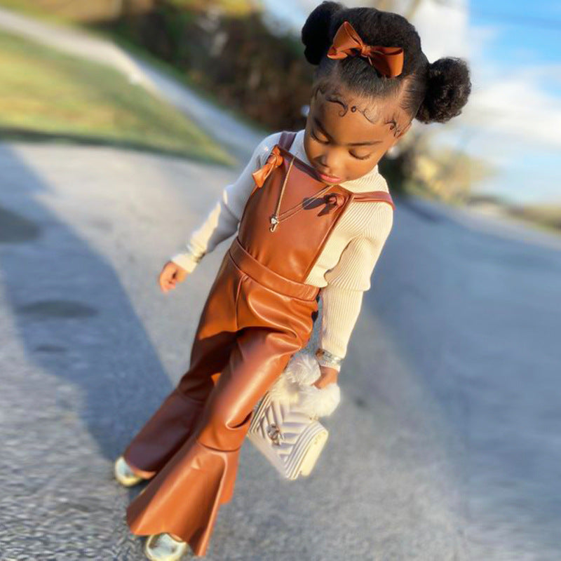Children's Wear New Ins Style Children's Wear Girls' Suspenders Imitation Leather Pants Bow Bell Bottoms eprolo