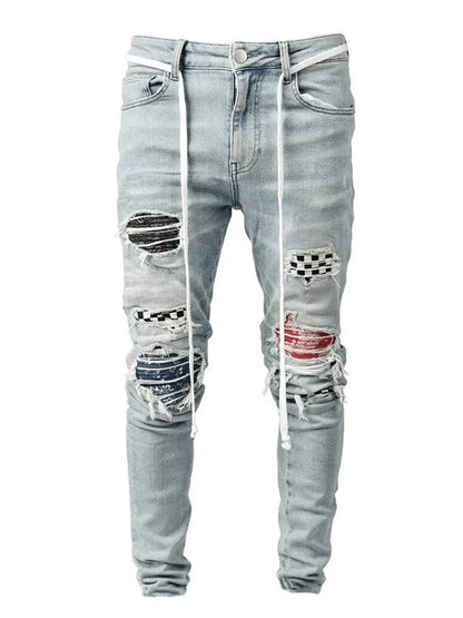 Men's Ripped jeans Badge Letters Hip-hop Skinny Jogging Denim Fashion Pencil Long Trousers Distressed Jeans For Men Clothing - Shello's Creative Boutique