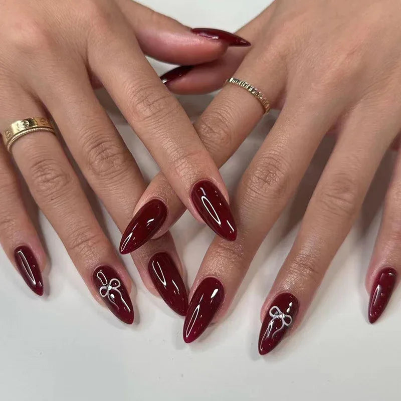 Bow wear manicure long almond nails fake nails - Shello's Creative Boutique