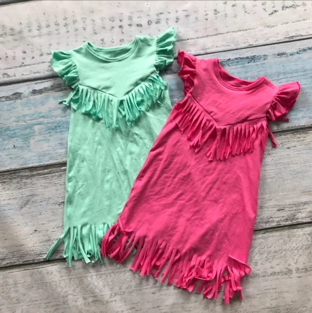 baby girls spring summer solid Tassels cotton dress boutique all-match clothing kids wear fringe multi color mint hot sale - Shello's Creative Boutique