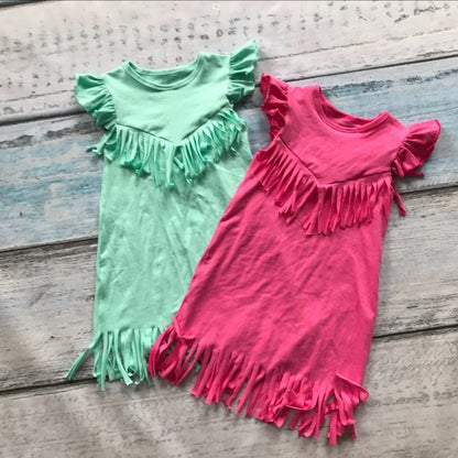 baby girls spring summer solid Tassels cotton dress boutique all-match clothing kids wear fringe multi color mint hot sale - Shello's Creative Boutique