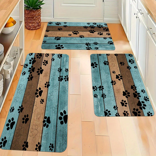 2/3 Piece Wooden Board Kitchen Rug Set - Anti-Fatigue Non-Slip Absorbent Flannel Floor Mat