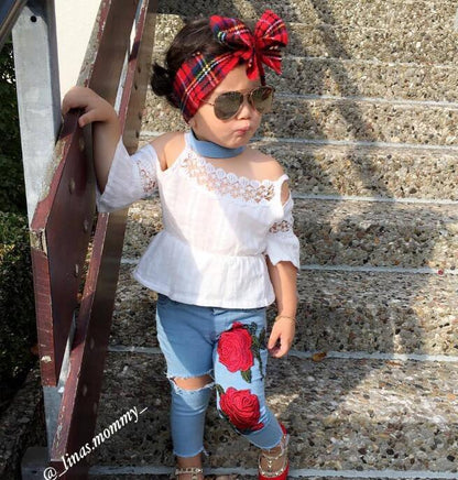 Girls Set Europe And America Rose sling Lace Shirt Jeans Children's Suit Wear Printed Jeans - Shello's Creative Boutique