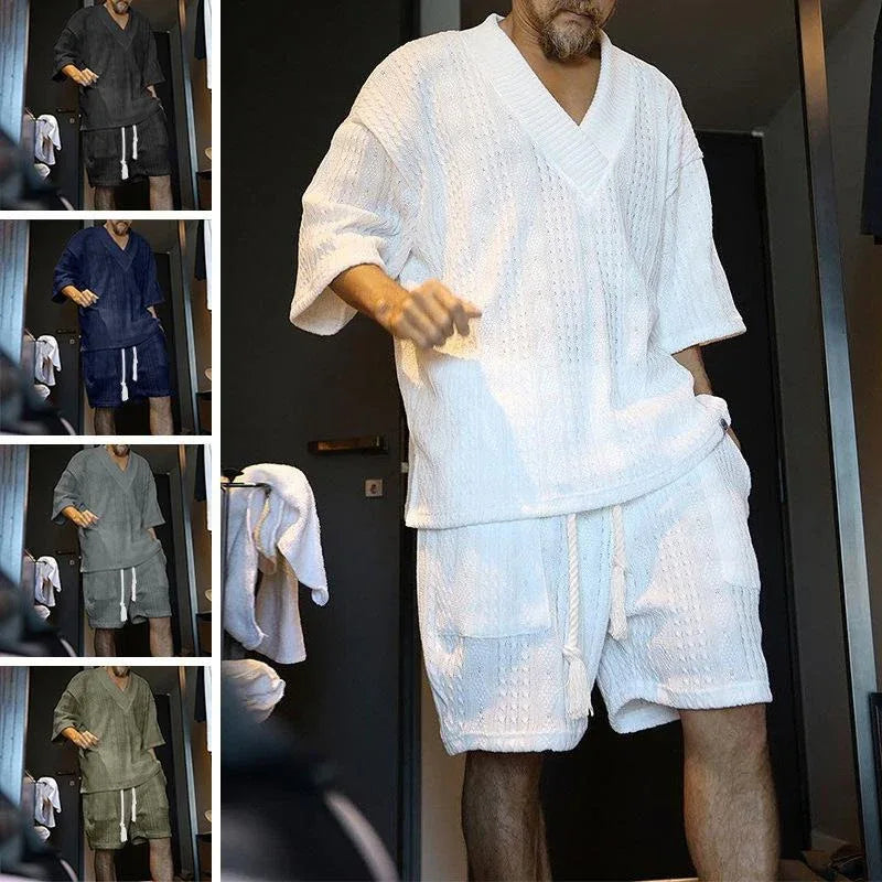 Summer Casual Shorts Set Knitted Two Piece Men's Clothing V-Neck Short Sleeve T-shirt and Shorts Streetwear Knit Outfits - Shello's Creative Boutique