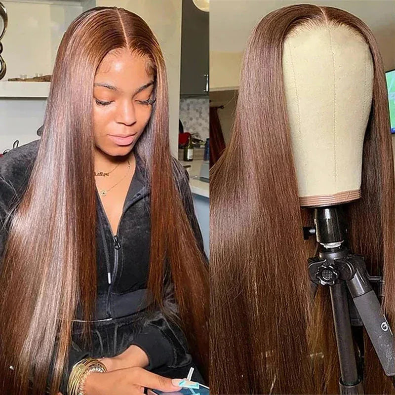 Chocolate Brown Straight Human Hair Wig - 4x4 Lace Closure - Shello's Creative Boutique