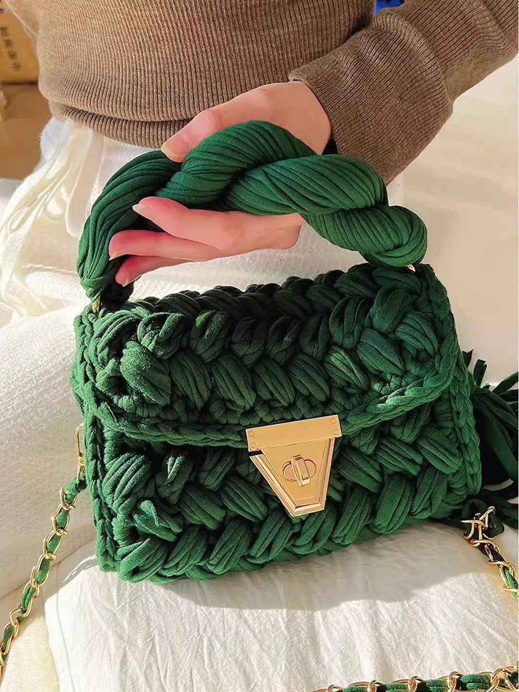 Women Crochet Shoulder Bag - Hand Woven Crochet Tassel Bag with Fried Dough Twists