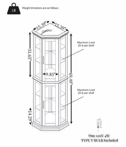 Corner Curio cabinet with illuminated glass display stand and tempered glass door, with adjustable bracket and light bulb eprolo