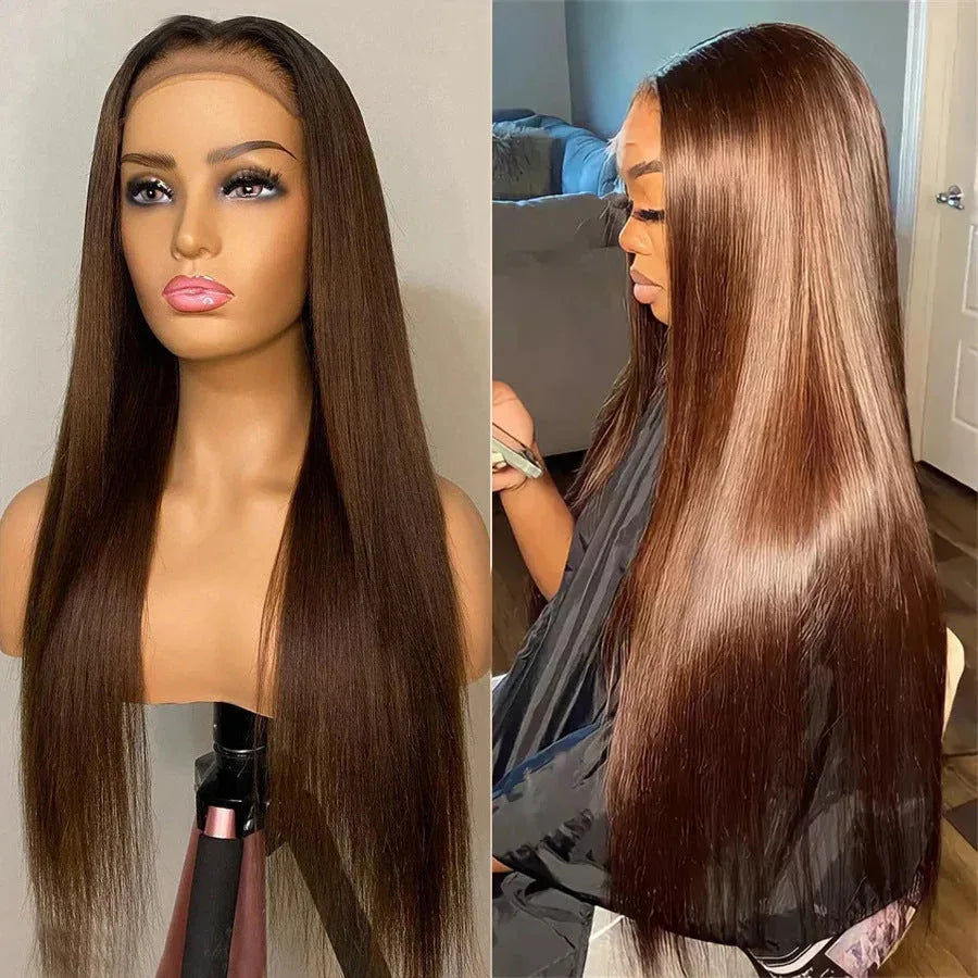 Chocolate Brown Straight Human Hair Wig - 4x4 Lace Closure - Shello's Creative Boutique