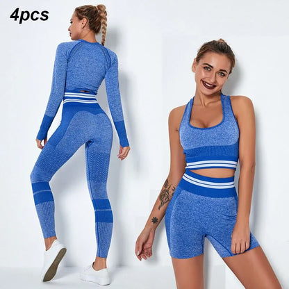 4Pcs Women Vital Seamless Yoga Set Sports Bra+Crop Top Shirts+Shorts+High Waist Leggings Gym Clothing Sports Wear For Women - Shello's Creative Boutique