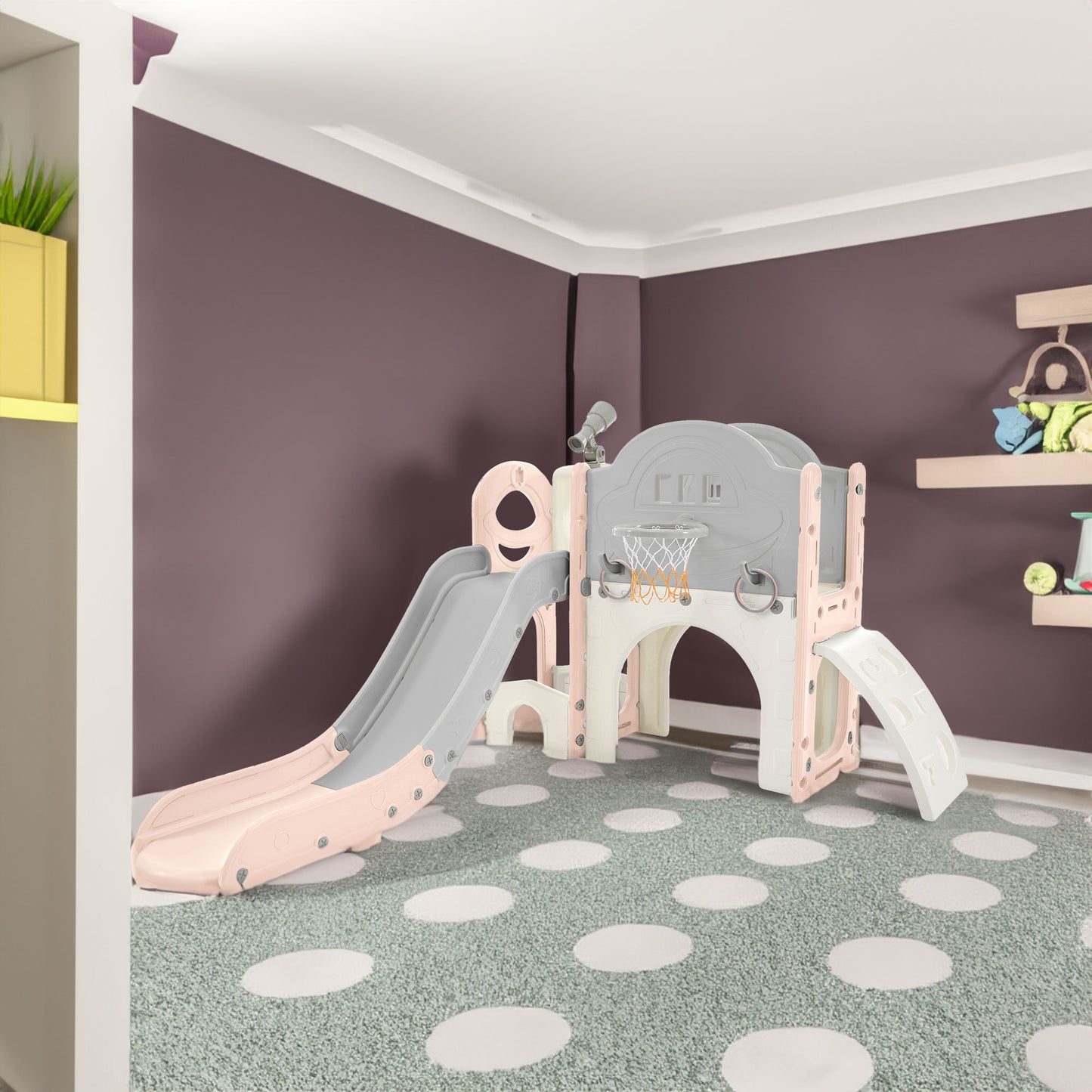 Kids Slide Playset Structure 7 in 1, Freestanding Spaceship Set with Slide, Arch Tunnel Pink+Grey + HDPE eprolo