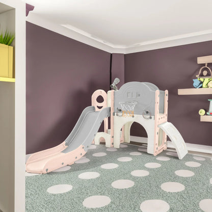 Kids Slide Playset Structure 7 in 1, Freestanding Spaceship Set with Slide, Arch Tunnel Pink+Grey + HDPE - Shello's Creative Boutique