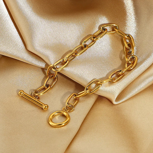 18K gold paper clip chain with OT buckle design classic high-end bracelet - Shello's Creative Boutique