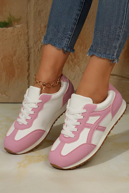 Pink Contrast Lace-Up Sneakers - Round Toe Casual Trainers - Shello's Creative Boutique