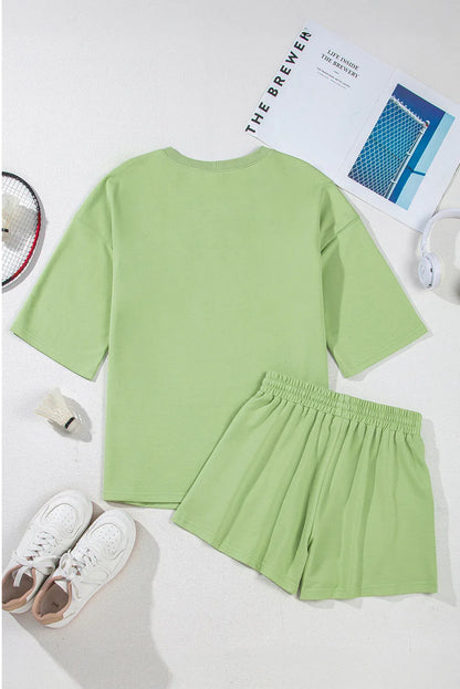 Meadow Mist Green Plus Size Drop Shoulder Tee Loose Shorts Set - Relaxed Comfort Meets Effortless Style! - Shello's Creative Boutique