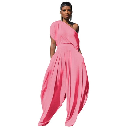 Casual solid color cotton diagonal shoulder Harlan pants set, two-piece set - Shello's Creative Boutique