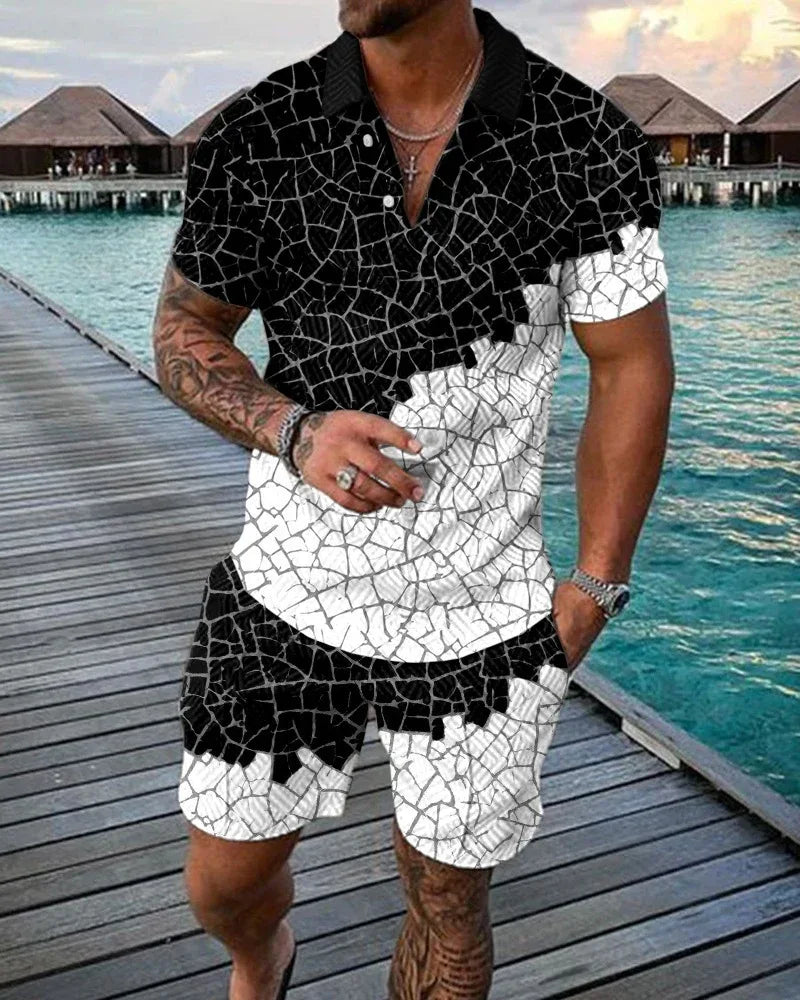 New Men's Fashion Casual Suit 3D Print Zip Short Sleeve Polo Shirt Shorts 2 Piece Set - Shello's Creative Boutique