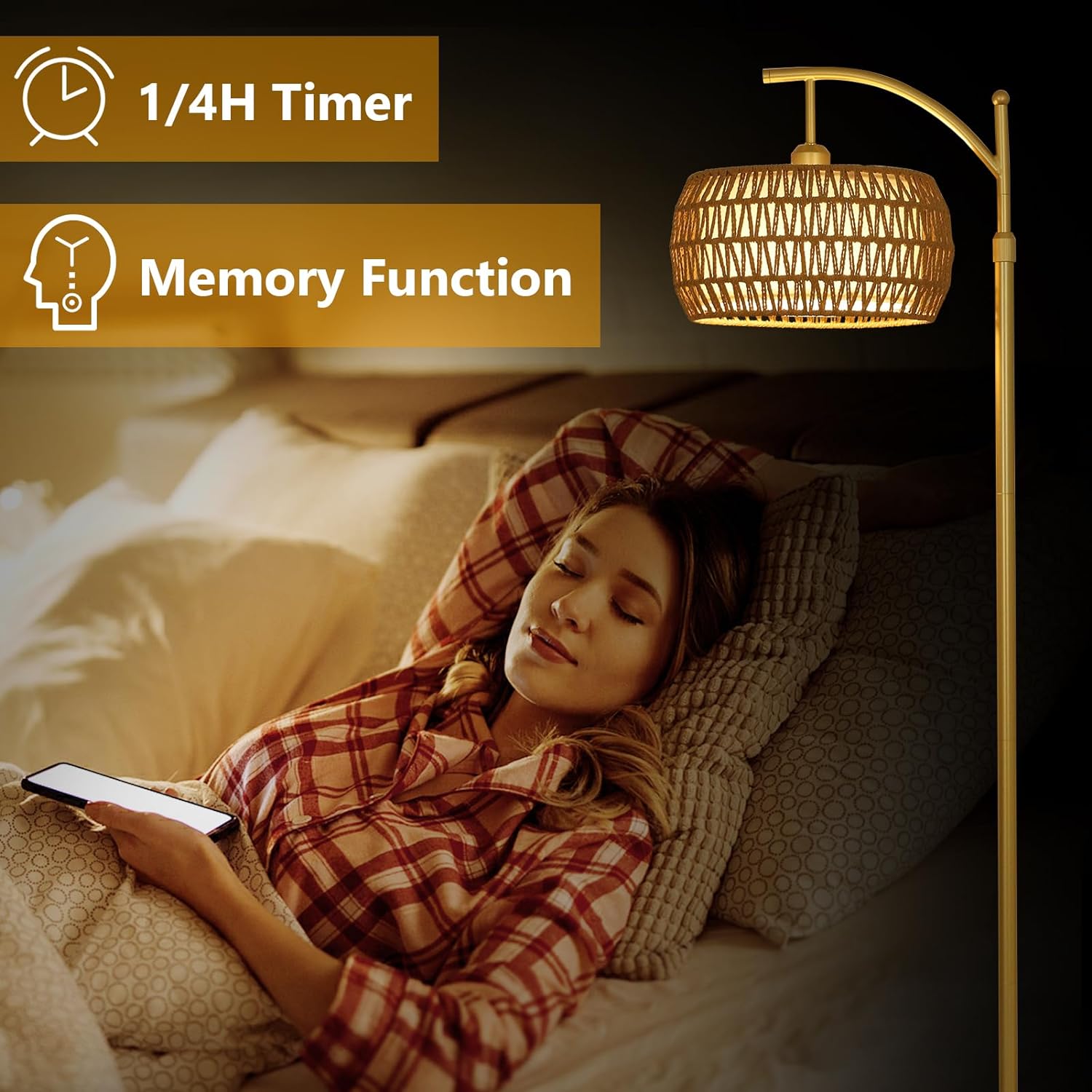 Arc Floor Lamp with 3 Color Temperatures, LED Gold Floor Lamp with Remote & Stepless Dimmable Bulb, Boho Standing Lamp eprolo