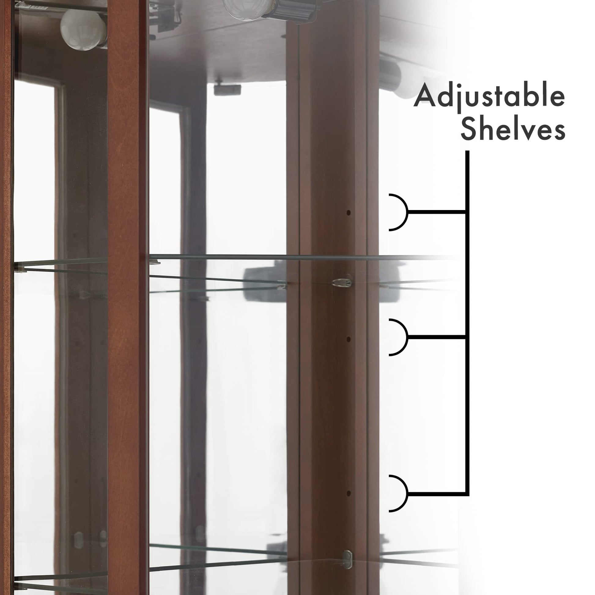 6 shelves corner Curio display cabinet with light mirror and adjustable shelves, walnut wood (excluding E26 light bulbs) eprolo