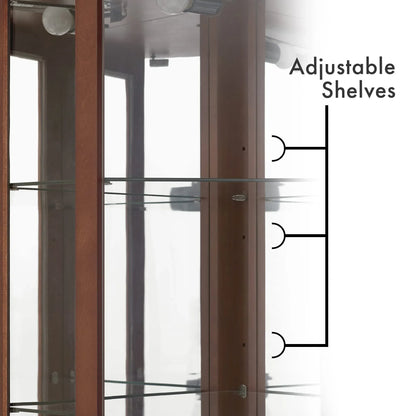 6 shelves corner Curio display cabinet with light mirror and adjustable shelves, walnut wood (excluding E26 light bulbs) - Shello's Creative Boutique