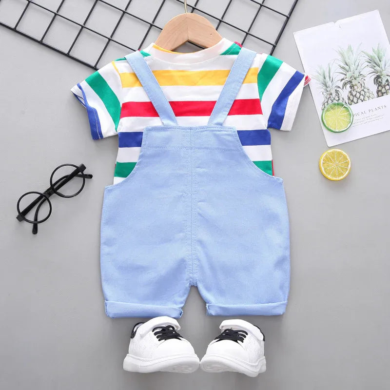Children's Clothing Boys Striped Short Sleeve Printed Straps Two-Piece Fashion Cute Boy Summer Thin Section - Shello's Creative Boutique