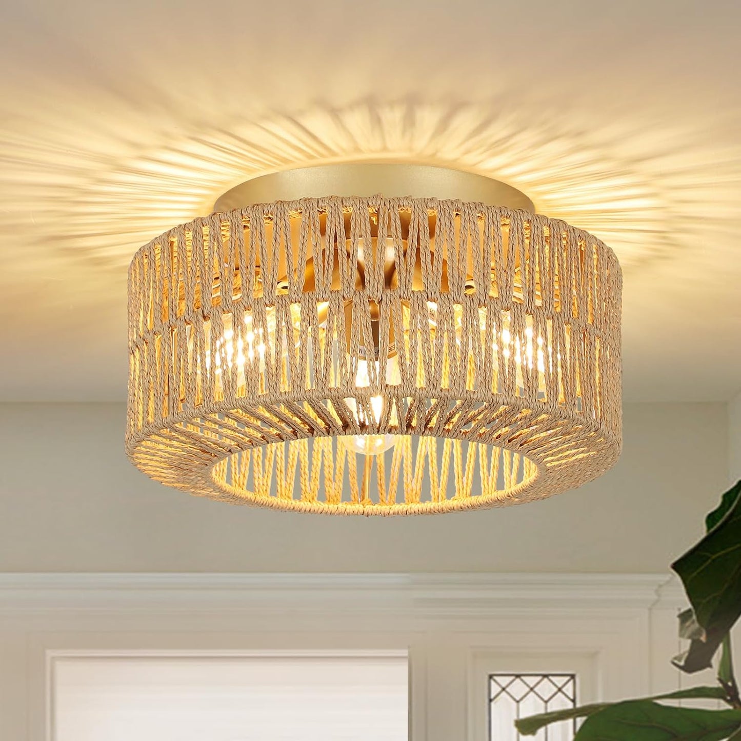 Boho Light Fixtures Ceiling Mount 3-Light Farmhouse Rattan Ceiling Light Fixture Flush Mount Ceiling Light with Hand-Woven Shade eprolo
