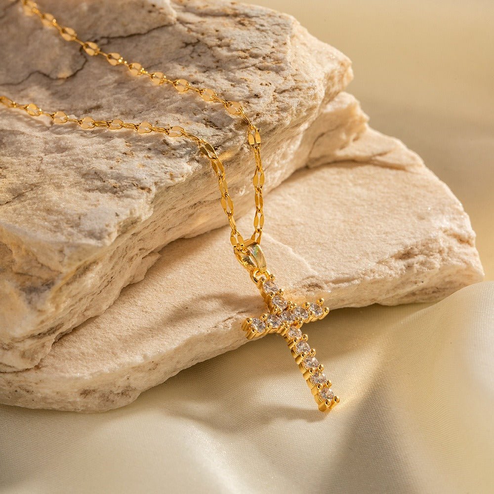 18K Gold Cross Gemstone Necklace - Classic Design - Shello's Creative Boutique