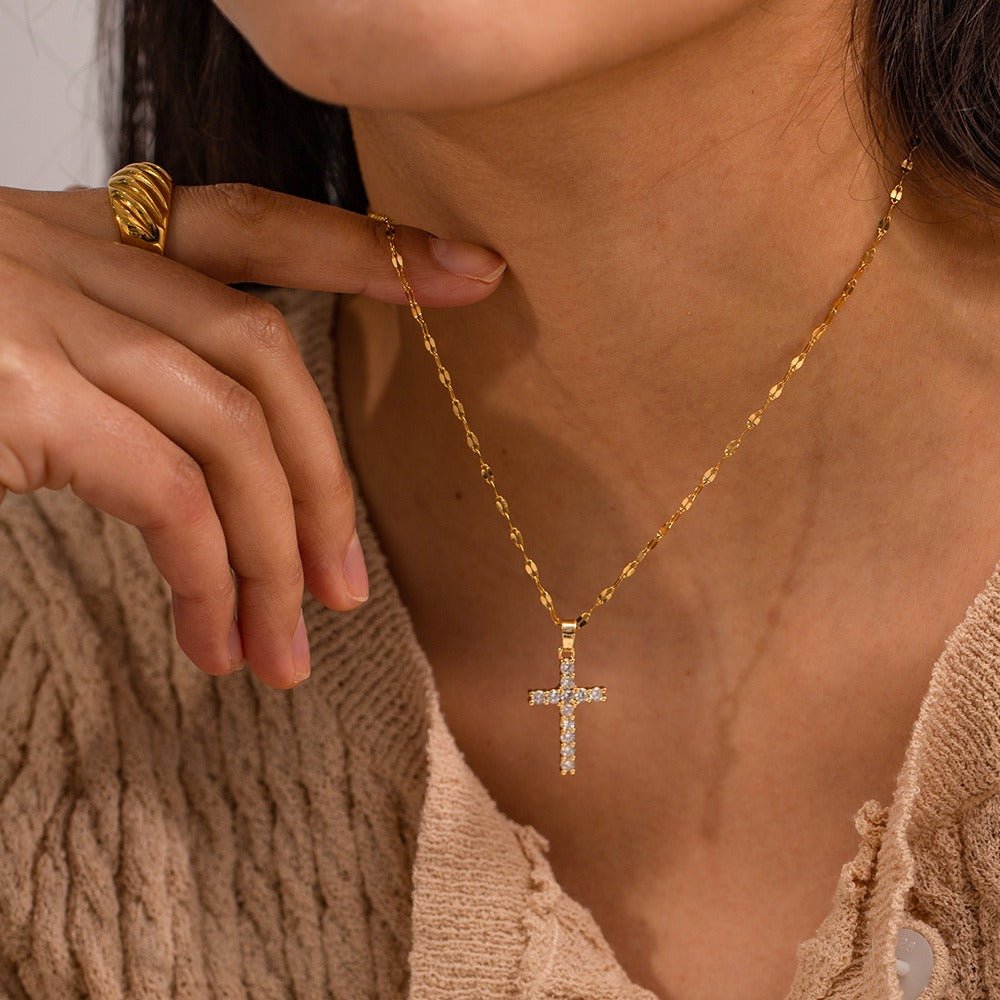 18K Gold Cross Gemstone Necklace - Classic Design - Shello's Creative Boutique
