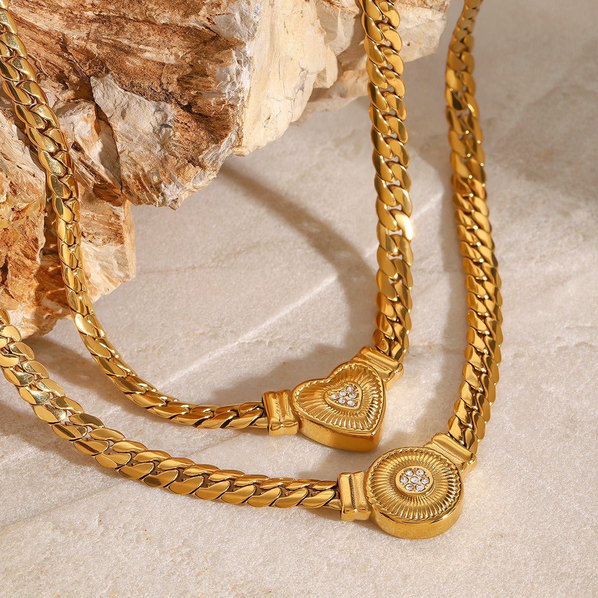 18K Gold Heart & Round Diamond Necklace - Statement Chain - Shello's Creative Boutique