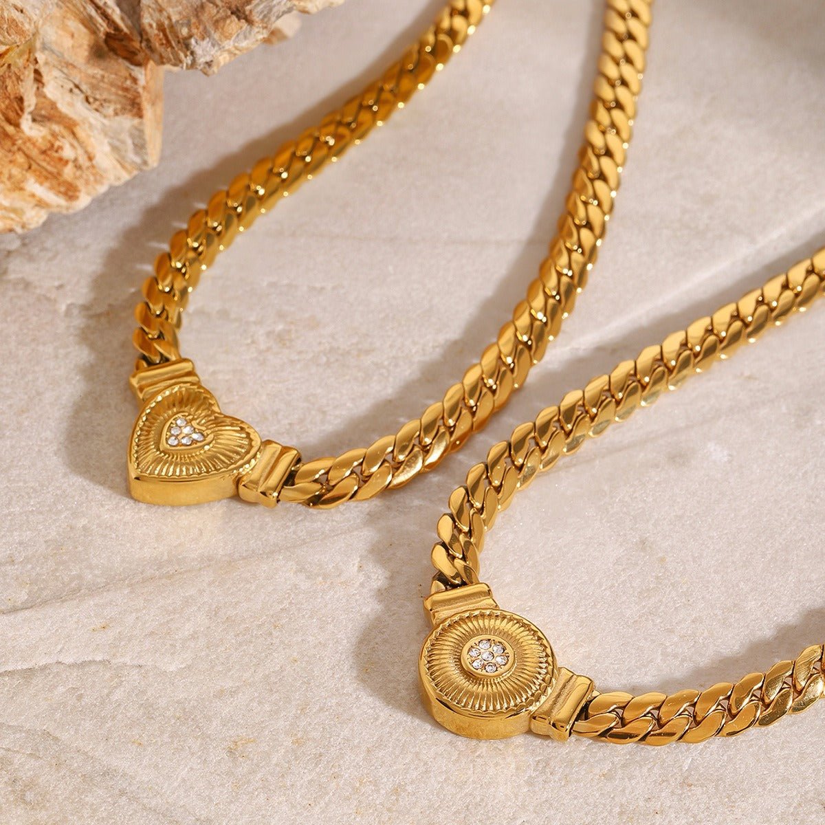 18K Gold Heart & Round Diamond Necklace - Statement Chain - Shello's Creative Boutique