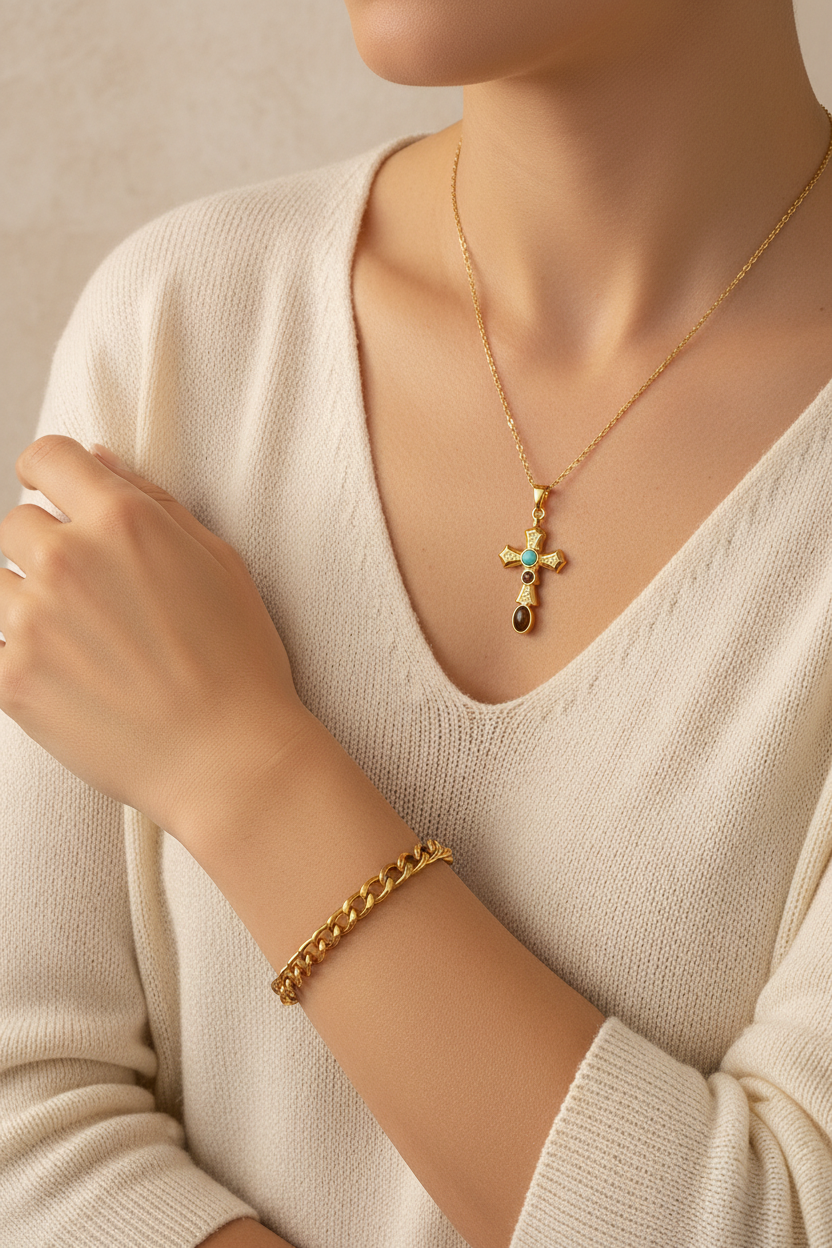 18K Gold-Plated Cross Gemstone Necklace & Bracelet Set Lifestyle