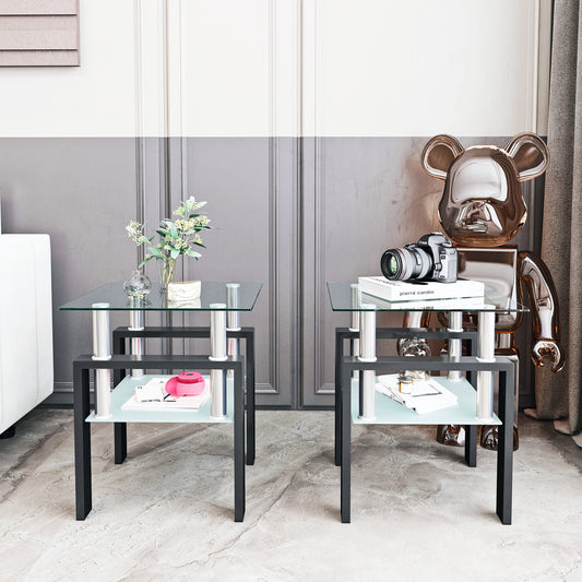 Set of 2, Modern Tempered Glass Tea Table Coffee Table End Table, Square Table for Living Room, Transparent/Black eprolo