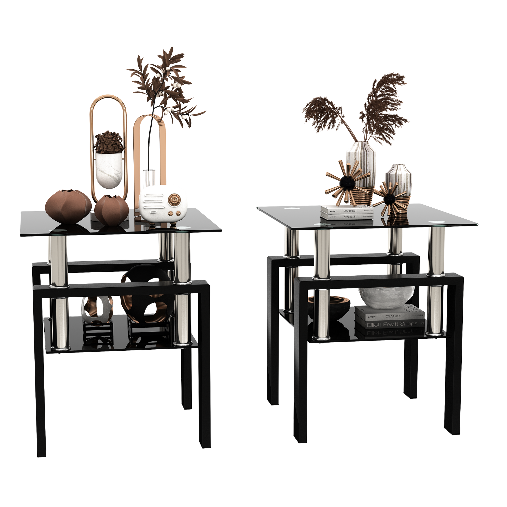 Set of 2, Modern Tempered Glass Tea Table Coffee Table End Table, Square Table for Living Room, Black eprolo