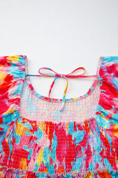 Rose Abstract Print Puff Sleeve Backless Smocked Plus Size Dress - Shello's Creative Boutique