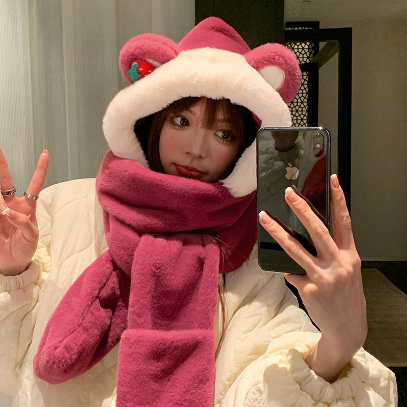 Winter Bear Hat Scarf Gloves One Body Autumn and Winter Lovely Strawberry Warm Keeping Women's Three Piece Scarf Thick Winter eprolo